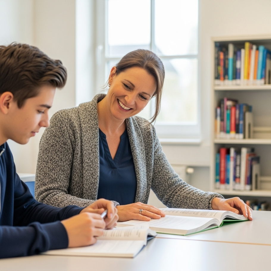 Nachhilfe Eine Lehrerin sitzt mit einem Schüler am Tisch und erklärt etwas aus einem Buch.
