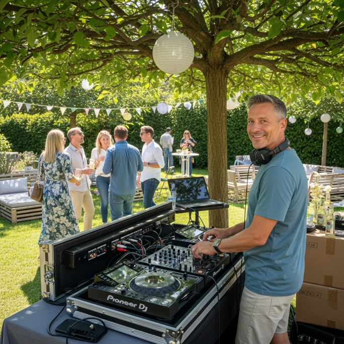 DJ spielt Musik im Freien, während Gäste bei einer Feier im Hintergrund unter einem Baum stehen.