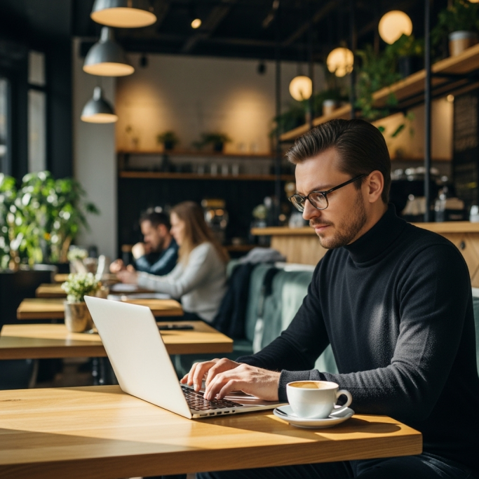 Mann im Café arbeitet am Laptop, umgeben von anderen Gästen. Neben ihm steht eine Tasse Kaffee.