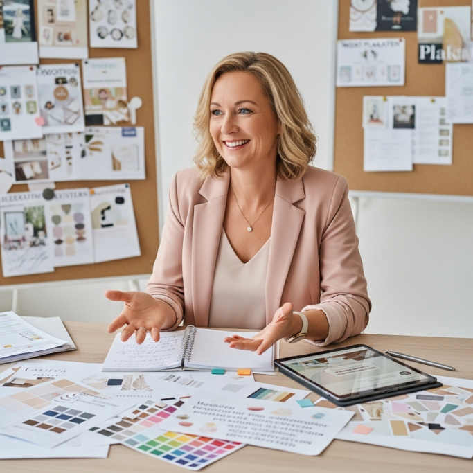 Frau mit blonden Haaren, die an einem Tisch mit Farbmustern und Notizen arbeitet.