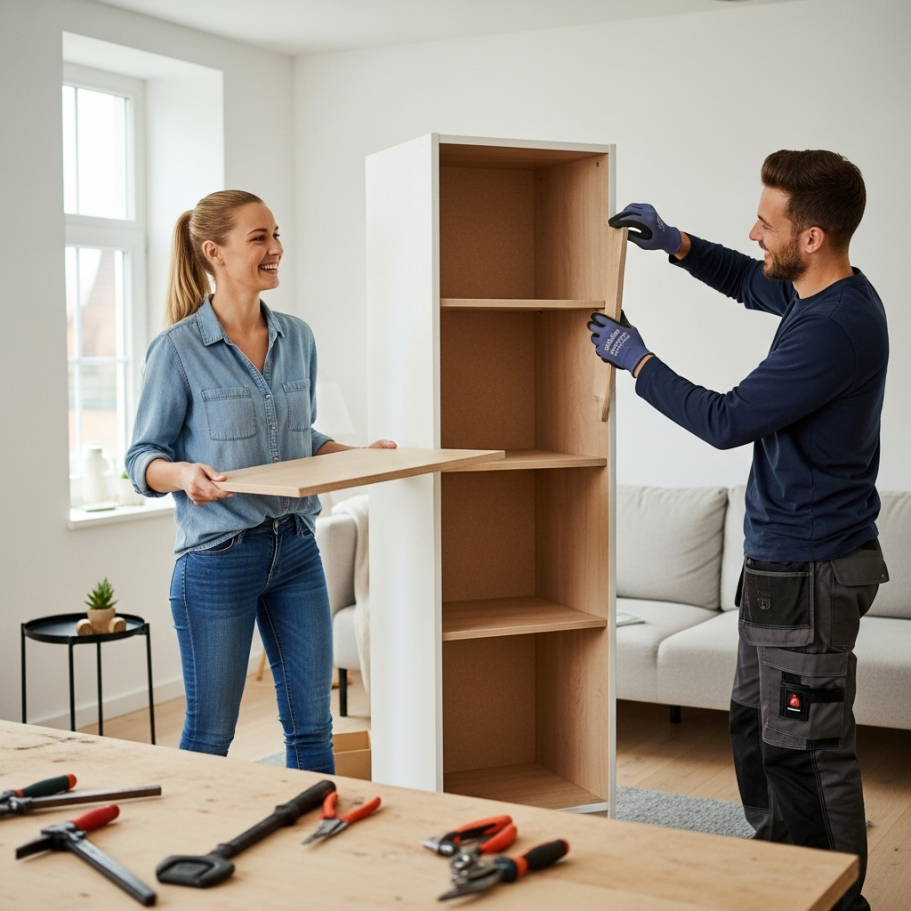 Aufbauhilfe Zwei Personen montieren gemeinsam ein Möbelstück in einem hellen Raum.