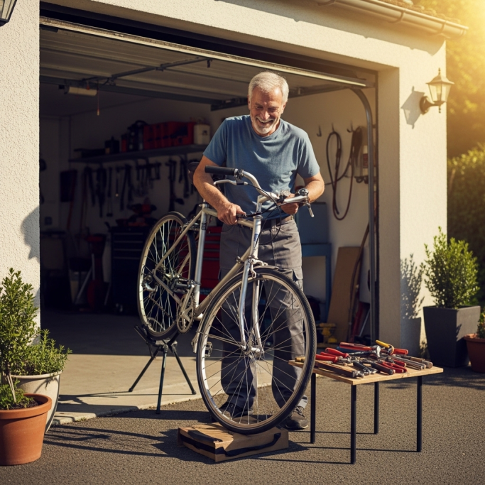 Ein älterer Mann repariert ein Fahrrad in einer Garage, umgeben von Werkzeugen.