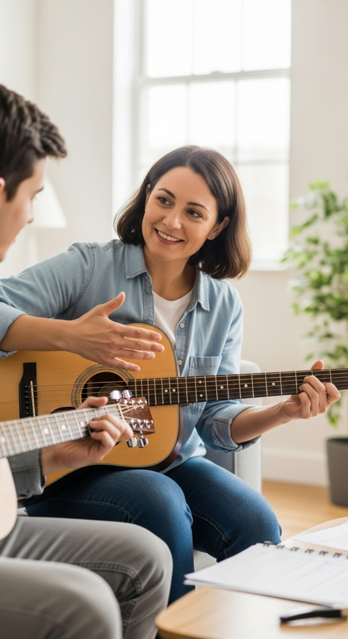 Eine Frau und ein Mann sitzen zusammen, während sie Gitarre spielen und lernen.